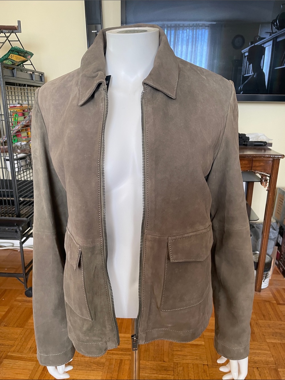 Suede Zip-Front Jacket in Taupe Size S - Picture 6 of 7